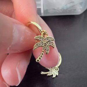 Palm tree rhinestones gold tone hoop earrings